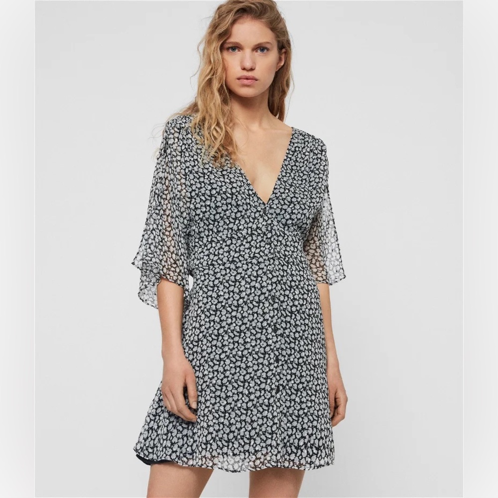 All Saints Ivey Scatter Dress Slit Sleeves black white size US 2